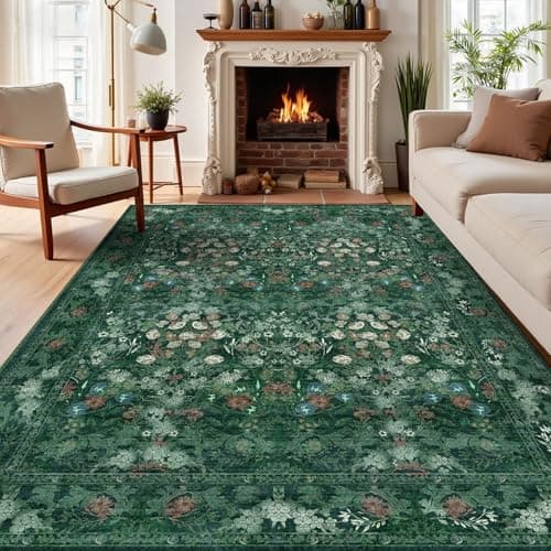 Green Floral 8x10 Living Room Area Rug, Washable Vintage Distressed Rug for Bedroom, Dining Room Under Kitchen Table, Large Low Pile Non Slip Carpet - Soft Boho Botanical Accent Mat - Thumbnail 4