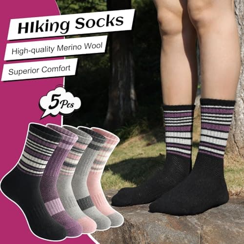 Juedverty Merino Wool Socks For Women Hiking Winter Boot Thermal Warm Thick Cushion Cozy Work Crew Socks 5 Pairs - Thumbnail 2