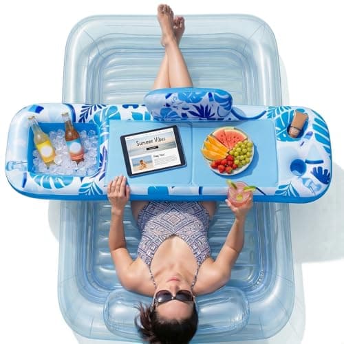 Inflatable Tray for Tanning Pool Float – 61" L x 18" W Extra Large Tray with Non-Slip and Cooler Container, Designed for Sunbathing Bed, Tanning Lounge & Water Blow Up, Ball Pit, Party Gifts