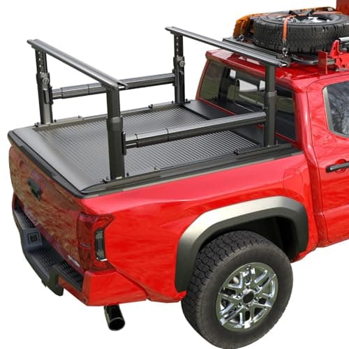 Ladder Rack for Truck with Tonneau Cover w/T-Slot Rails, 800 LBS Capacity Truck Bed Rack with Side Bars, 19"-25" Height-Adjustable Aluminum Ladder Racks, Fit for Mid Size Pickup Tacoma Gladiator