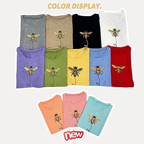 Pfvkeree Womens Cute Bee Graphic Tee Shirts Short Sleeve Let It Bee Funny Letter Print Summer T-Shirt Tops White - Thumbnail 5