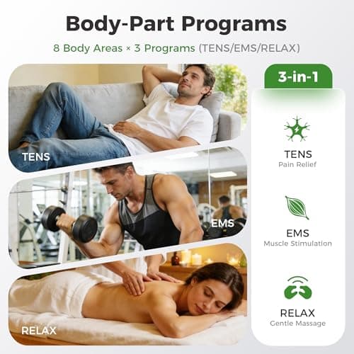 Domas TENS Unit with 4"x6" Butterfly Pad for Lower Back Pain Relief, 8 Guided Body Programs, USB-C Rechargeable, Dual Channel - Thumbnail 3