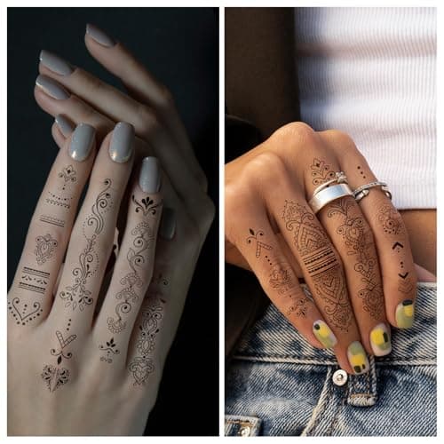 Cerlaza 62 Styles Temporary Tattoos Adult, Henna Hand Finger Fake Tattoos Semi Permanent Tattoo for Women Men, Realistic Long Lasting Small Hannah Tatoo Temporary Kits Stickers Body Art for Neck - Thumbnail 3