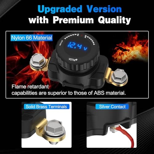 VSTM Battery Disconnect Switch, 5V-80V Side Post Battery Switch with LED Voltage Display, On/Off Master Isolator Power Shut/Cut Off for Car, Boat, RV, Truck, Camper, Trailer (Negative,Vertical) - Thumbnail 5