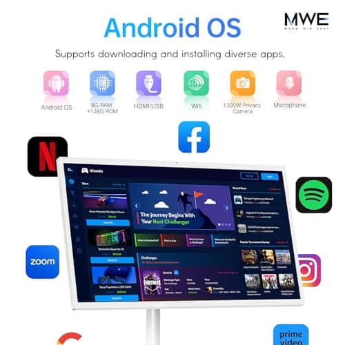 OHYEAHSPIN 24 Inch Portable TV on Wheels, MWE 2K Smart Touch Screen Rolling TV LCD Display with Wires plugged in use, Android OS, Type-C, USB, HDMI Port, Support Wireless Mouse Keyboard - Thumbnail 4