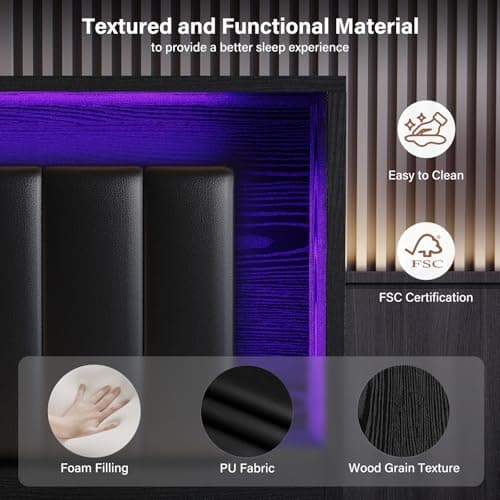 Belffin Floating Bed Frame King Size with LED Lights & Charging Station, Wooden Headboard with Hidden Storage and Faux Leather Backrest, Easy Cleaning, No Box Spring Needed, Noise-Free, Black - Thumbnail 5