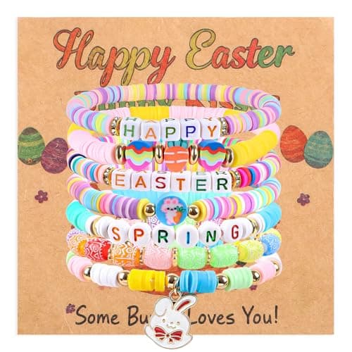 7 Pcs Easter Bunny Beaded Bracelet Set - Stackable Polymer Clay Heishi Stretch Bracelets with Bunny Carrot Egg Charms, easter bracelet bunny bracelet for gir, Easter Spring Jewelry Gifts for Teen (Bracelets-B) - Image 1