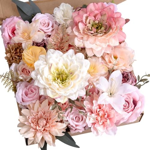 BSMYBO Artificial Flowers Combo Light Pink Silk Flowers Mix Fake Rose Dahlia with Stems for Wedding Bridal Bouquets Baby Shower Cake Floral Arrangement Table Centerpieces Home Decorations - Image 1
