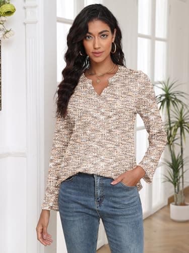COCOMARTS Womens Waffle Knit V Neck Tops Long Sleeve Henley Shirts Casual Blouses Fall Winter Outfits 2025 Trendy Clothes Khaki White XX-Large - Thumbnail 2