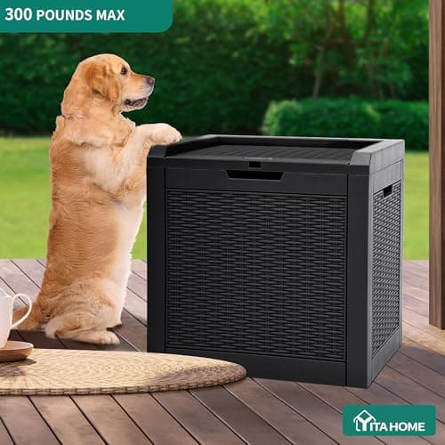 YITAHOME 32 Gallon Rattan Deck Box, Indoor Outdoor Storage Box for Patio Furniture, Pool Accessories, Cushions, Garden Tools, Sports Equipment, Waterproof Resin with Lockable Lid & Side Handles, Black - Thumbnail 3