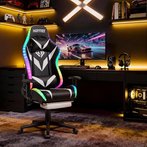 Led Gaming Chair with Speakers Massage 165° Reclining Computer Chairs-White - Thumbnail 2