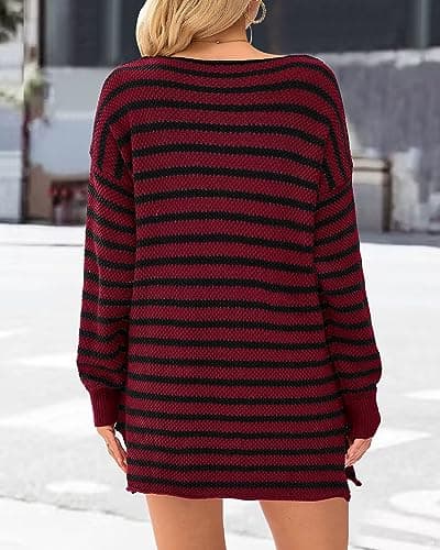 KIRUNDO Women's 2026 Fall Winter Oversized Long Sleeve Striped Sweater Casual Crewneck Side Split Pullover Knit Tops(Wine Red, Medium) - Thumbnail 5