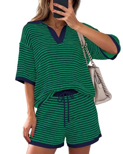 PRETTYGARDEN Women 2 Piece Lounge Sets Short Sleeve V Neck Striped Tops Drawstring Short Sets Beach Summer Outfits 2026(Striped Navy Green,Large) - Image 1