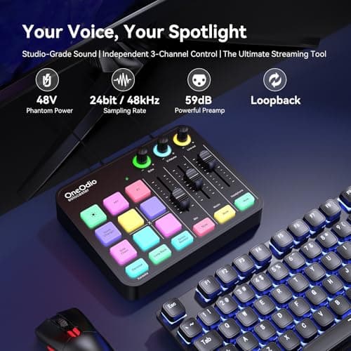 OneOdio Solocaster Gaming Audio Mixer - 5 Channel Interface with 48V Phantom Power, Bluetooth, RGB Lighting, 3.5mm/XLR/USB C, for Streaming/Podcast/Karaoke on PC, Mac, Mobile - Thumbnail 2