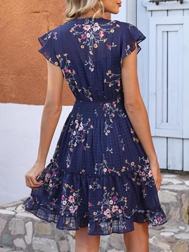 Caracilia Women Summer Casual Floral Flutter Short Sleeve A-Line Flowy Lined Boho Wedding Guest Tea Party Vacation Dresses Floral Navy Blue Large - Thumbnail 6
