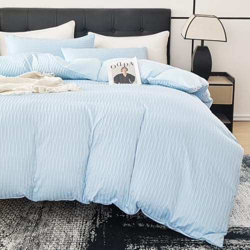 DCSKY Light Blue Duvet Cover Queen Size, 3pcs Washed Microfiber Bedding Set, Soft Breathable Rippled Duvet Cover Set with Zipper Closure for All Seasons - Thumbnail 6