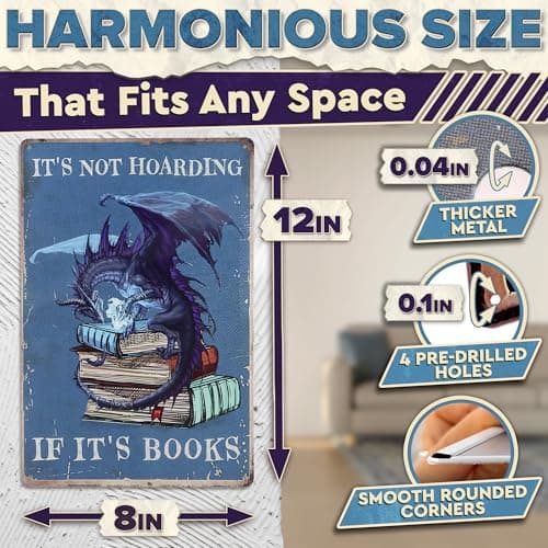 It's Not Hoarding If It's Books Metal Sign – Dragon Wall Art, Durable Non-Fade Tin Sign, Funny Vintage Dragon Wall Decor 8x12", Great Valentines Day Gifts for Book Lovers, Bedroom, Cafe, Library Decor - Thumbnail 2