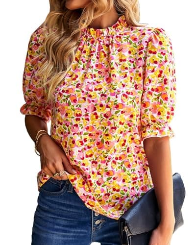 BTFBM Womens Tops 2026 Dressy Casual Blouses Summer Spring Clothes Mock Neck Short Sleeve Shirts Business Work Fall Outfits(Floral Pink, Medium) - Image 1