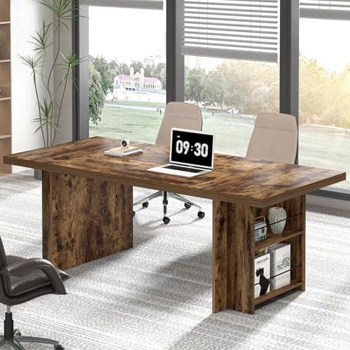 FOLUBAN Large Executive Office Desk, 70" Long Computer Desk with Side Storage Shelves, Vintage Wood Conference Table Workstation for Home Office, Two Person Gaming Study Writing Table, Rustic Brown - Image 1