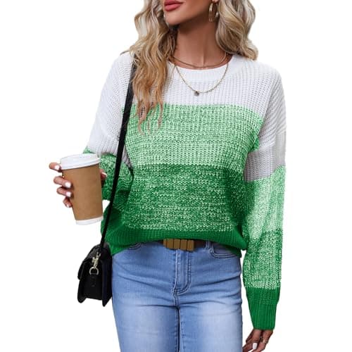 QIANSIQIANBO Women's Striped Color Block Sweater Long Sleeve Crewneck Casual Loose Autumn Knit Sweater Pullover Tops (XL) Green - Image 1