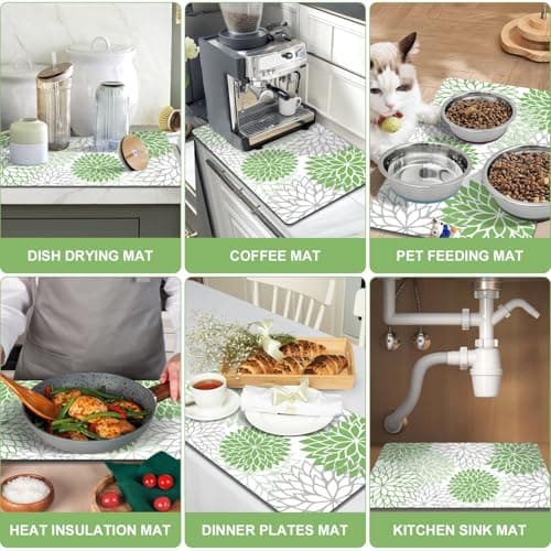 Findosom 2PCS 16" x 24" Dish Drying Mat & 24" x 5.5" Sink Splash Guard, Super Absorbent & Cuttable Dish Mat Drying Kitchen Mat with Green Floral, Hide Stain Drying Mat for Kitchen Counter - Thumbnail 6