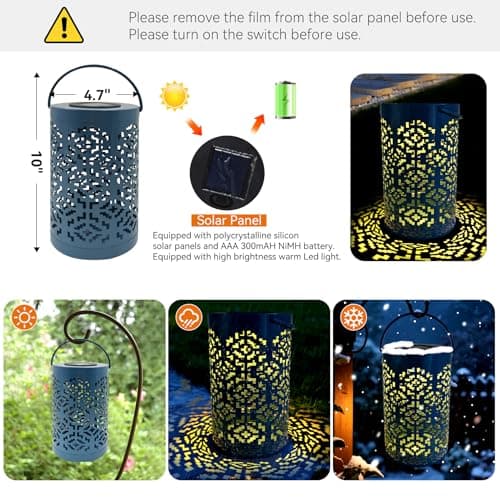 CBAXEAXM 2PCS Solar Lanterns Outdoor Waterproof Hanging Solar Light Metal Tabletop Lantern with Hollowed-Out Design for Garden Yard Patio Porch Table Decor Gifts for Women, Pink+ Dark Blue - Thumbnail 4