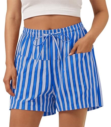 Aoysky Womens Striped Lounge Shorts High Waisted Drawstring Casual Summer Shorts Color Block Beach Bottoms with Pockets Blue - Image 1