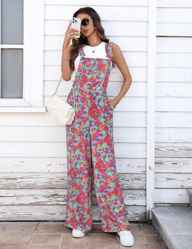 LOOKBOHO Women Overalls Sleeveless Buckle Up Casual Loose Wide Leg Boho Jumpsuit Vacation Outfits with Pockets - Thumbnail 6