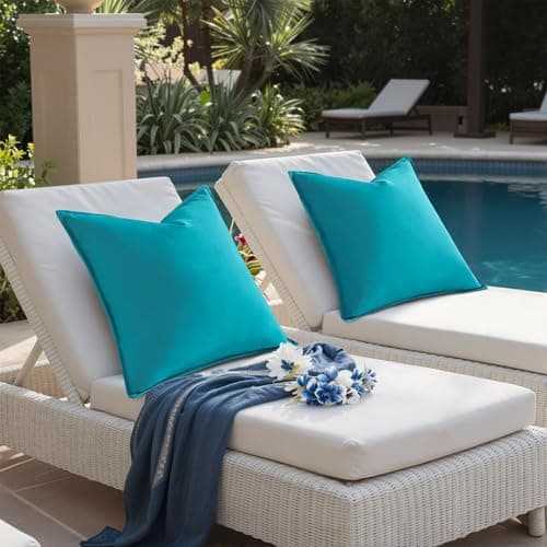 decorUhome Waterproof Faux Linen Outdoor Throw Pillow Covers 18x18 Inch Set of 2 Decorative Vibrant Farmhouse Pillow Cases with Flange Edges for Summer Couch Garden Patio Balcony Porch, Aqua Blue - Thumbnail 2