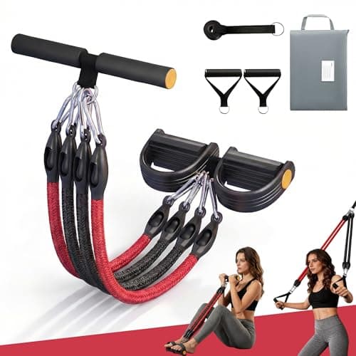 Buyborgood Upgrade Pedal Resistance Band, Multifunction Home Gym Workout Equipment with 4x25lbs Tubes for Sit Up & Arm Exercise, Black + Red