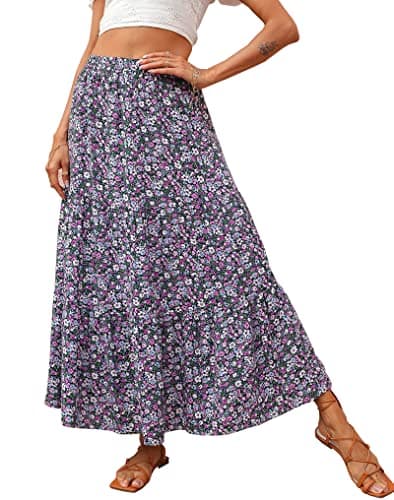 KIRUNDO Women 2026 Spring Summer High Waist Boho Floral Maxi Skirt Trendy Casual Flowy Swing Pleated A Line Beach Long Skirts(Black Purple, X-Large) - Image 1