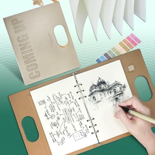 Blank A5 Binder Portable Refillable Notebook - 5.8" x 8.3", 160 Pages of 100G Thick Paper, 6-Ring Design with Pen Loop and Index Tab Stickers - Ideal for Writing, Travel, Work, and School (Khaki) - Thumbnail 6