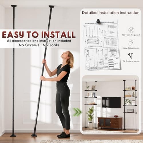 Goovilla Over The Toilet Storage Shelf, 4 Tier Bathroom Organizer Shelves with 64-124inch(H) 15-27inch(W) Adjustable No Drilling Tension Mounting, Black Space Saver Bathroom Shelf Rack Above Toilet - Thumbnail 6