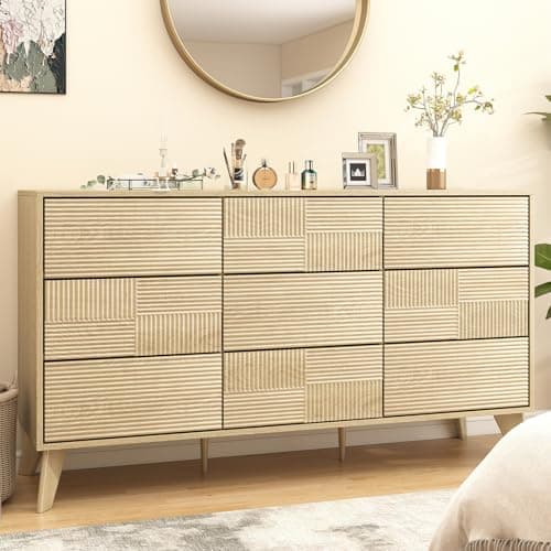 Hadulcet Wooden Dresser for Bedroom, Mid Century Modern 55” Wide Fluted 9 Drawers Dresser Storage Clothes for Closet Organizer, Handleless Design, Push to Open, Natural Oak - Thumbnail 3