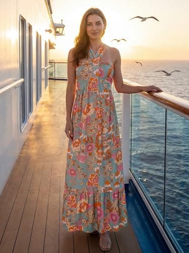 Women Criss Cross Halterneck Floral Print Summer Beach Maxi Dress Greygreen S - Thumbnail 5