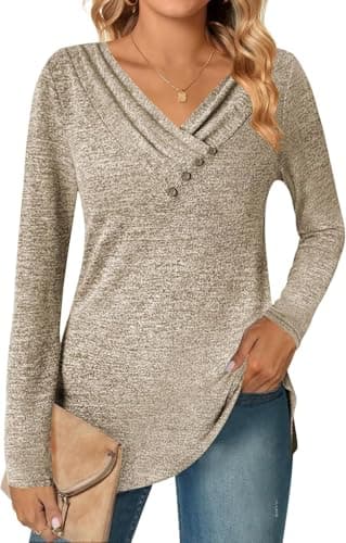 ALPSWARE Tunic Shirt Long Sleeve Basic Top V Neck Tunics Tshirt for Women 2025 Fall Khaki M - Thumbnail 5