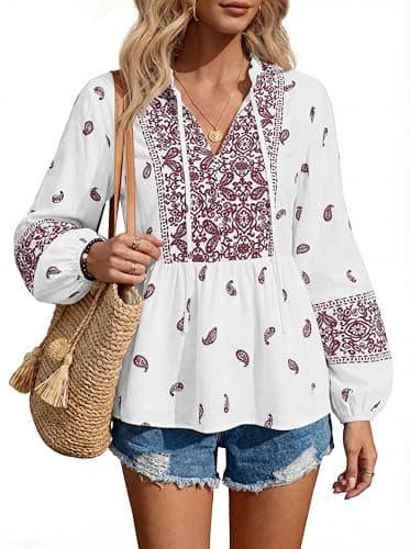 MASCOMODA Women Boho Babydoll Tops Spring Summer Casual V Neck Peplum Long Sleeve Blouses Flowy Shirts Beach Vacation Clothes(White Wine Red Floral,Small) - Thumbnail 2