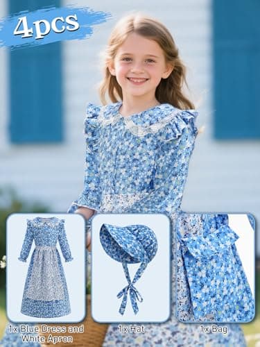 EARJIA Girls Floral Prairie Pioneer Dress Victorian Colonial Costume for Kids Blue Fancy Outfit for World Book Day Carnival - Thumbnail 2