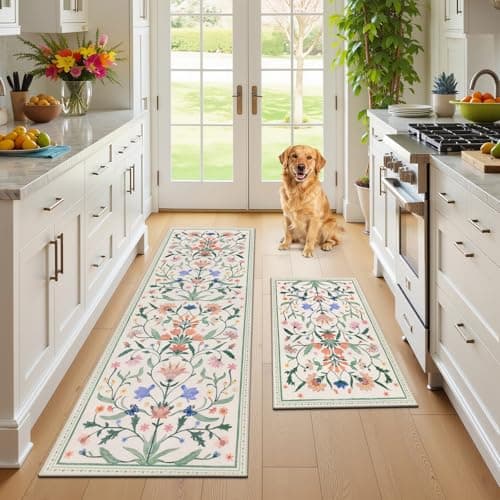 Ileading Kitchen Mat Sets 2 Piece,Plant Florals Rugs for Kitchen Floor,Stain Resistant Standing Mats with Non Slip Rubber Backing,Waterproof Runner Rugs for Laundry,Doormat,Entryway(Beige Florals) - Image 1