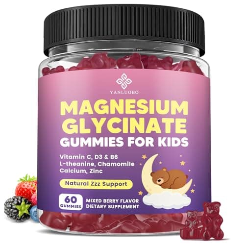 YANLUOBO Kids Magnesium Gummies, Magnesium Glycinate Gummies 400mg/200mg with L-Theanine, Chamomile, Vitamin B6, D3 for Kids, Relaxation & Zzz Support, Nerve Bone - Sugar Free Mixed Berry Flavor 60ct