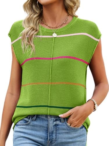 Bellcoco Womens Cap Sleeve Sweater Vest Crewneck Short Sleeve Sweaters for Women 2026 Lightweight Casual Knit Stripe Tops Green XXL - Image 1