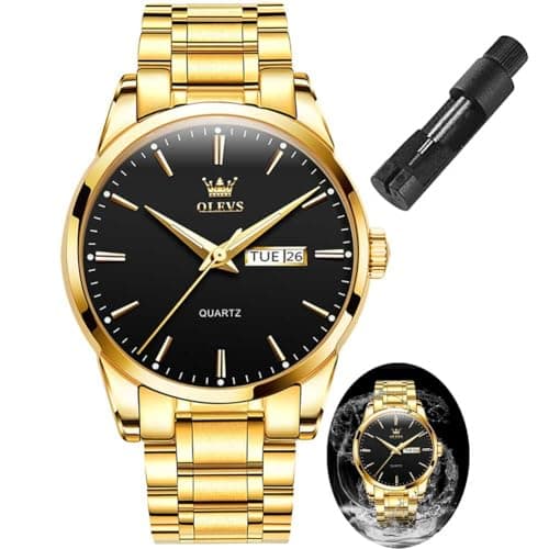 OLEVS Watch Men Gold Stainless Steel Black Watches for Men Luxury Large Face Analog Quartz Mens Watches Waterproof Classic Dress Wrist Watch for Man Day Date Casual Reloj para Hombre