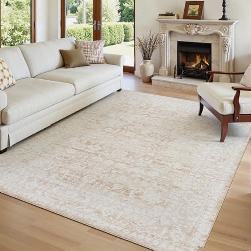 RUGVIGO Floral Area Rug 6x9, Beige Rugs for Living Room Vintage Machine Washable, Indoor Farmhouse Non Slip Low Pile Soft Carpet for Bedroom Home Office Dorm Dining Room - Image 1