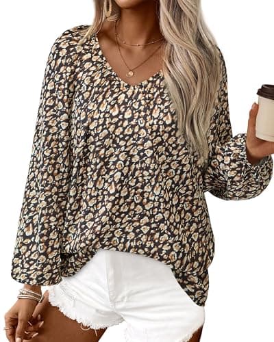 Zenlonr Womens Fall Tops Dressy Casual 2025 V Neck Satin Silk Printed Shirts Boho Long Sleeve Work Blouses(Black Leopard,Medium) - Image 1