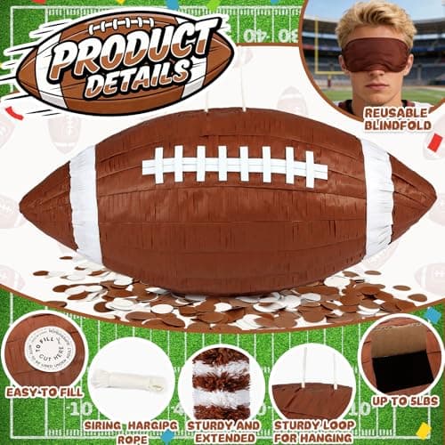Football Pinata, Large Piñata with a Blindfold, Bat, Rope for Tailgate Party Supplies, Boy Birthday Party, Sport Theme Party Decoration - Thumbnail 3
