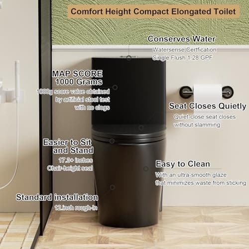 Elongated One Piece Toilet with Comfort Chair Seat ADA Height 17.3" Modern Toilet for Bathroom, Dual Flush 0.8/1.6 GPF and MAP 1000g, 12" Rough-In, Soft Closing Seat,Matte black - Thumbnail 2