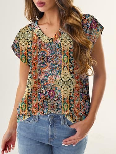 GKBK Women Tops Cap Sleeve Textured Dressy Casual V Neck Shirts 2026 Summer Business Work Blouses Outfits Vintage Boho S - Thumbnail 4