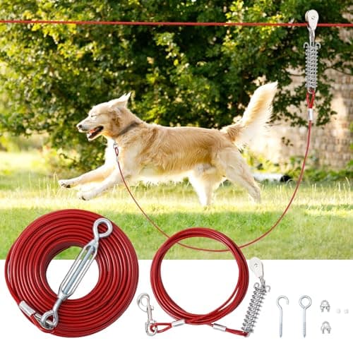 LUFFWELL 150FT Dog Runner for Yard with 15FT Tie Out Cable - Heavy Duty Dog Runner Cable for Large Dogs Up to 250LBS, Backyard/Park/Camping Use (Red, 150FT+15FT)