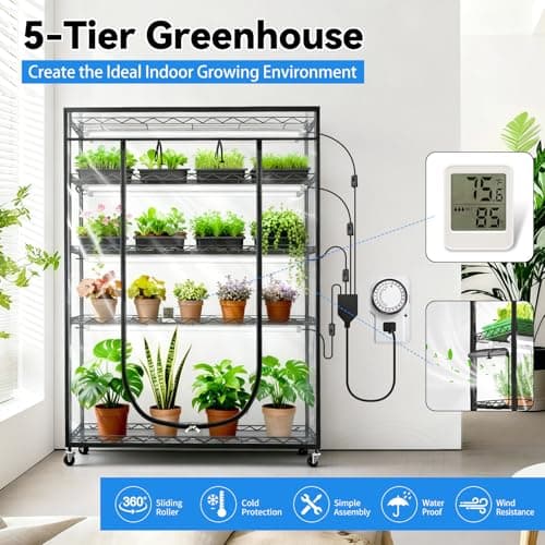 JESLED Indoor Greenhouse with Grow Light, 4FT Full Spectrum 5000K LED Light for Seed Starting, Tiered Lighting Control, Built-in Timer & Thermo-Hygrometer, Rolling Metal Plant Stand (47.2x13.8x70IN) - Thumbnail 3