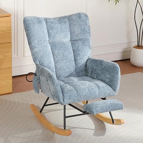 Chistronger Rocking Chair Nursery with Airbag, Comfy Modern Nursery Rocking Reading Chair Indoor with Footrest, Cozy Upholstered Glider Rocker Chairs for Living Room Bedroom Offices(Chenille, Blue) - Image 1